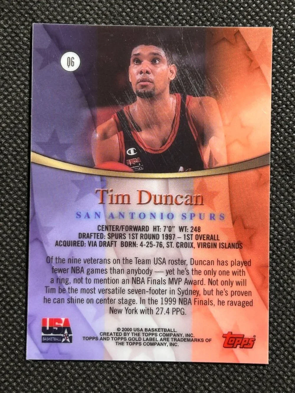 1999 Topps Quest for the Gold Label RED MISSING SERIAL #/25 Tim Duncan